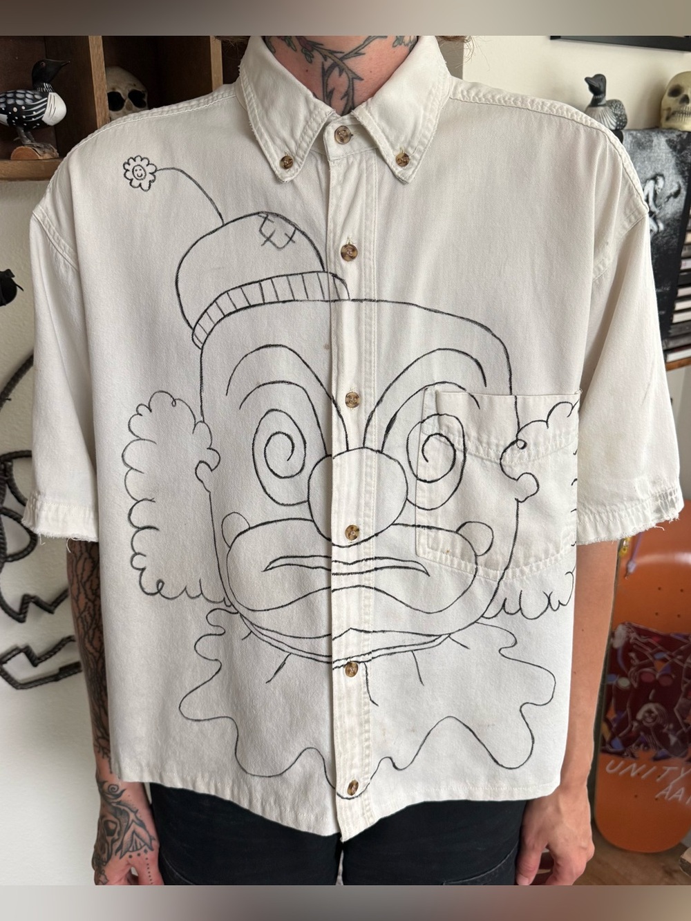 Vintage 90s Cropped Clown Graphic S/S Button Down Hand Drawn Streetwear ~ Size L